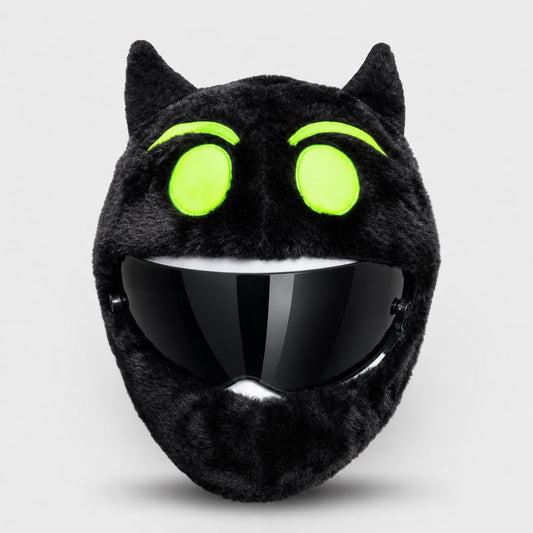 Funda de casco Vizora modelo Gato Negro, de pelo negro con orejas y ojos verde fluorescente, sobre un casco integral